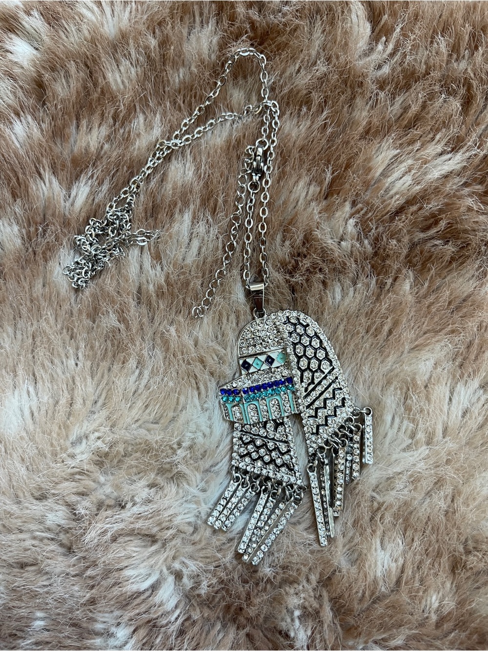 Silver Tone Rhinestone Fringe Pendant Necklace with Blue and Teal Accents